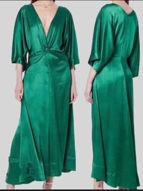 Emerald Green Satin Maxi Dress with Twist Front and Deep V-Neck